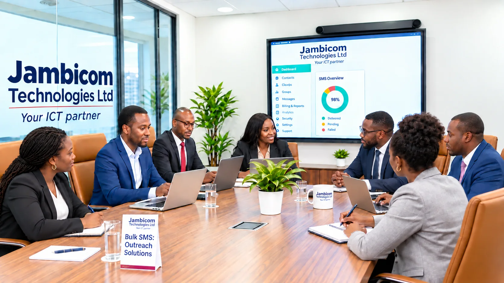 Jambicom team in a boardroom reviewing the Jambicom SMS dashboard on a large screen, with the Jambicom Technologies Ltd sign on the glass wall