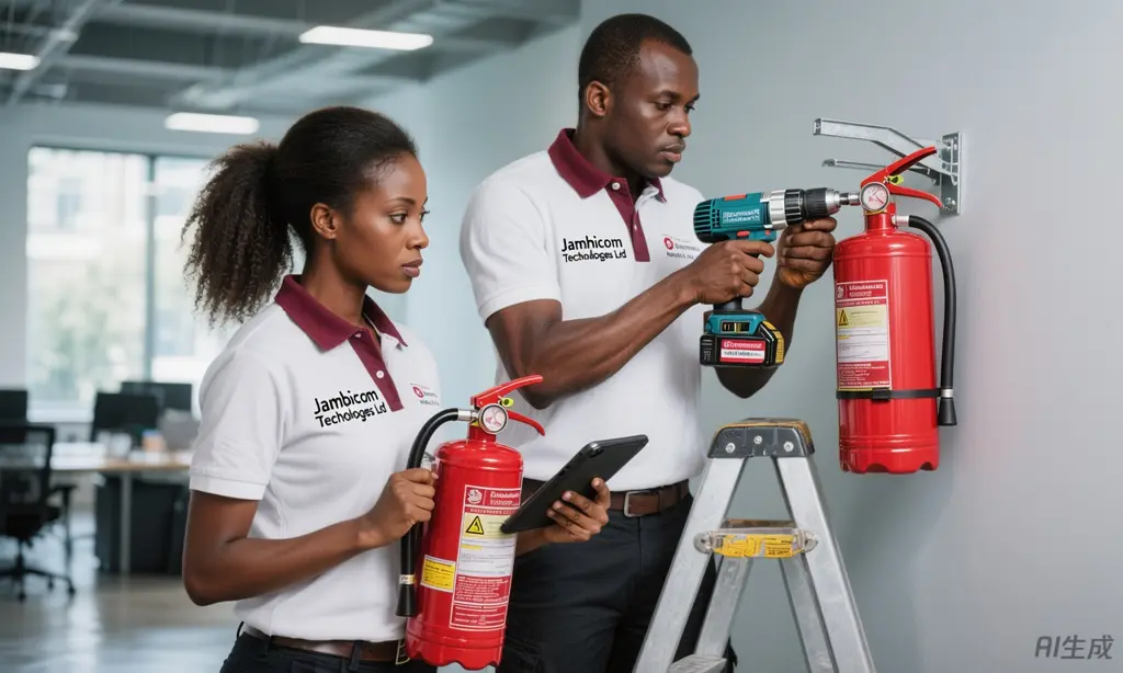 Jambicom engineers drilling a bracket to mount a fire extinguisher