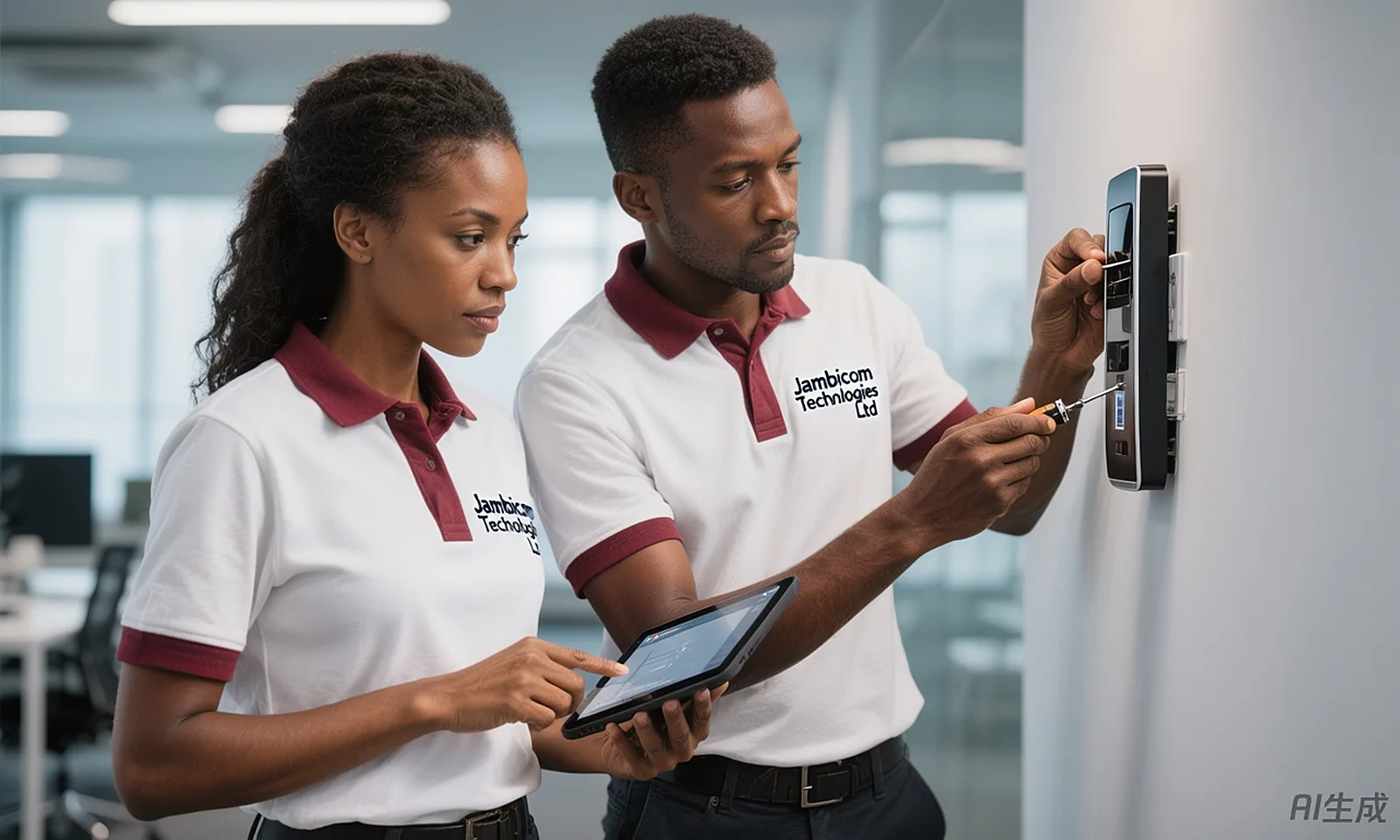 Jambicom engineers fitting a biometric reader to a wall