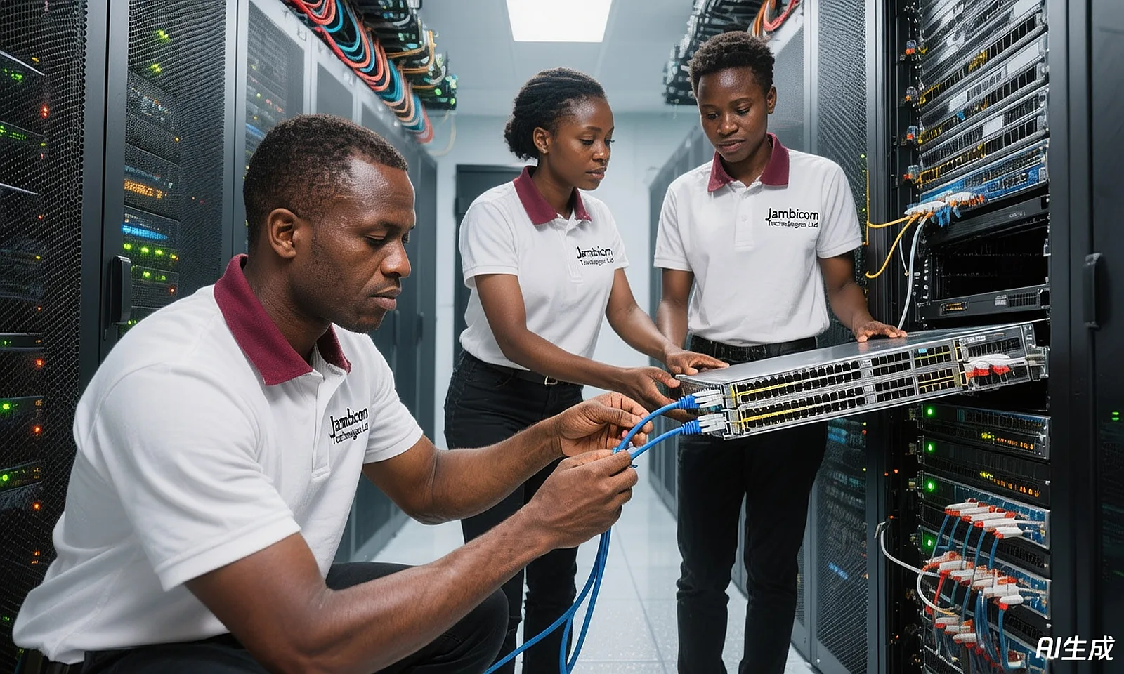 Jambicom engineers fitting a network switch in a datacenter