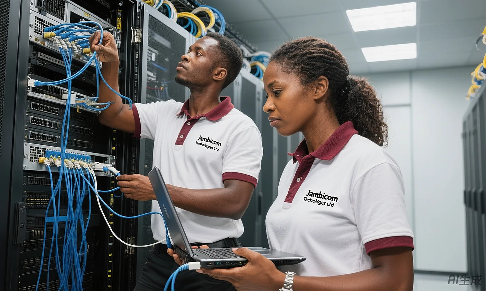Jambicom engineers managing server rack cabling