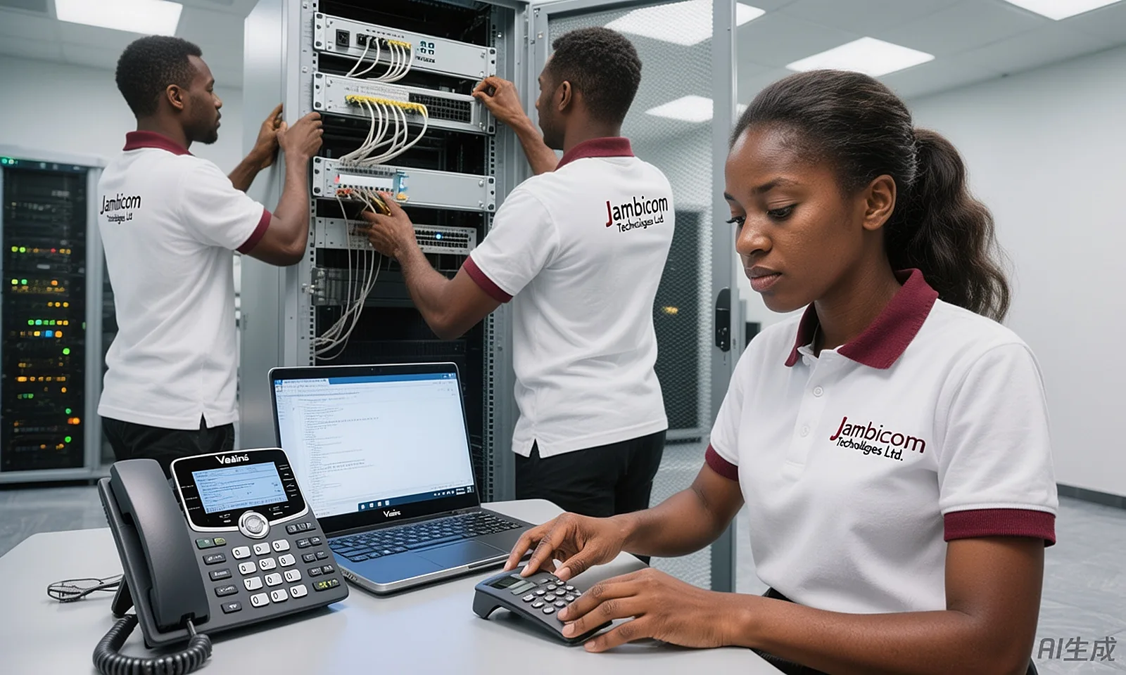 Jambicom engineers working on patch panels beside an IP phone
