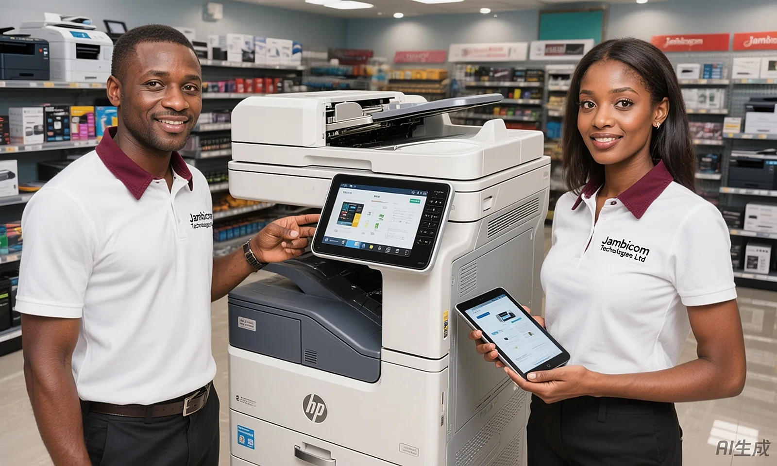 Jambicom team beside an enterprise network printer