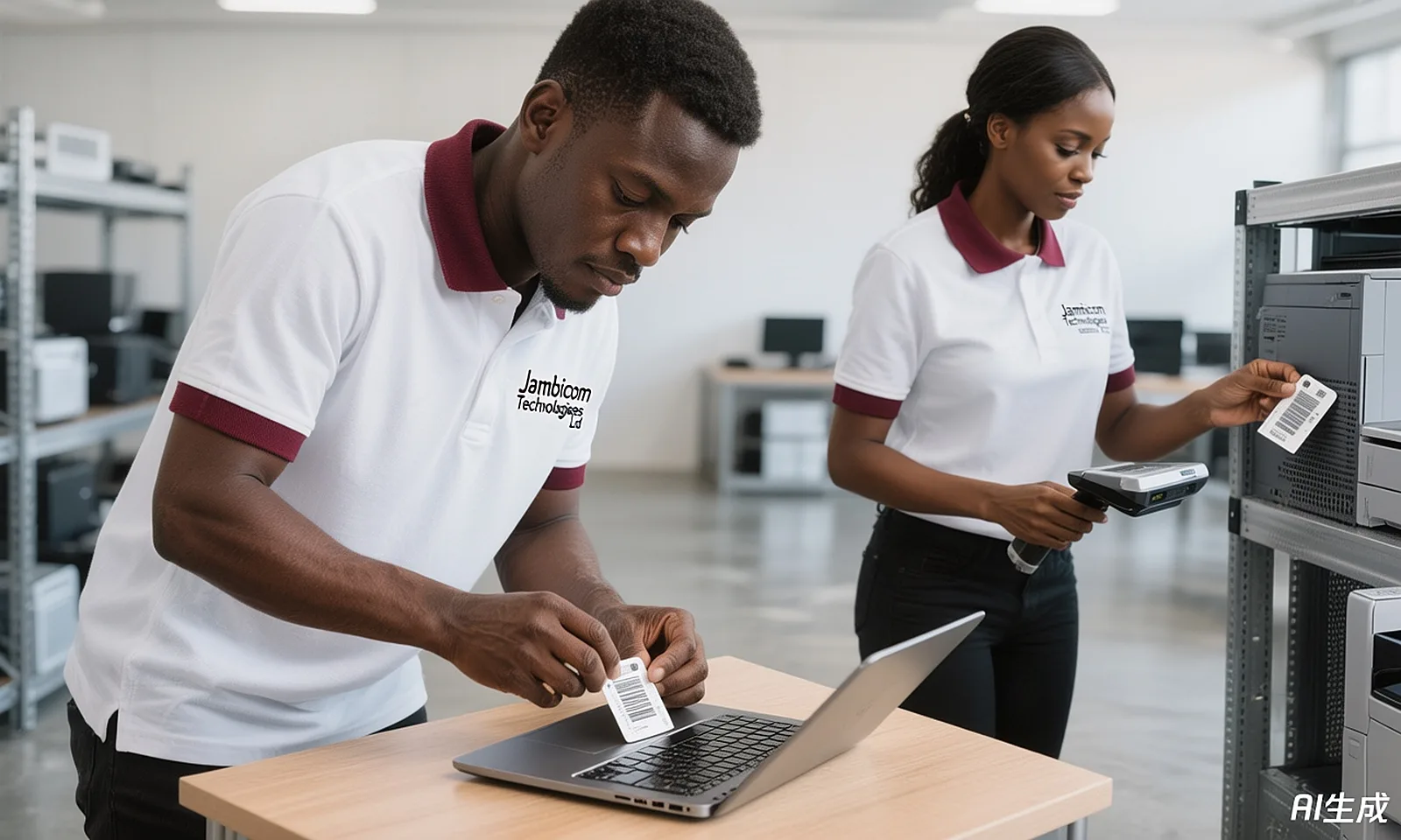 Jambicom engineers fixing barcode labels to a laptop