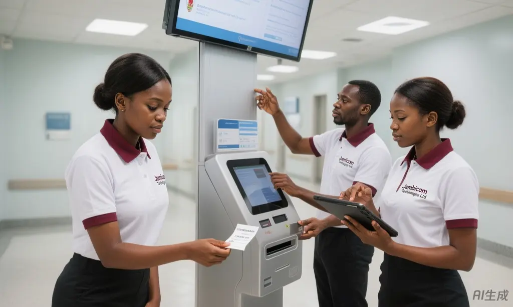 Jambicom team showing a patient how to collect a queue ticket from a kiosk